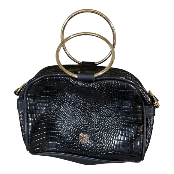 Carlos Santana Womens Handbag Black Metal Hoop Handles Snake Skin‎ Look Gold - Picture 1 of 10